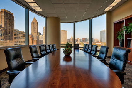Meeting room in modern office with panoramic city view.の素材