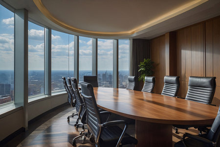 Interior of a modern conference room with panoramic city viewの素材