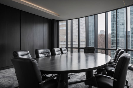 Interior of modern meeting room with black walls, concrete floor, long wooden table and black chairs. 3d renderingの素材