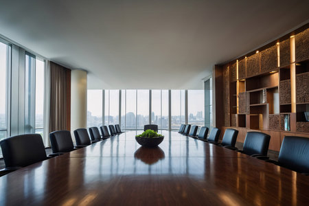 Interior of modern conference room, meeting room with panoramic windowの素材