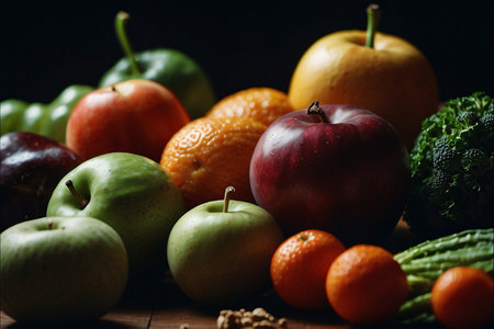 Fresh fruits and vegetables on wooden table. Healthy food concept. Selective focus.の素材