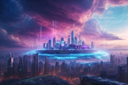 Futuristic city with glowing hologram and futuristic interface. 3d renderingの素材
