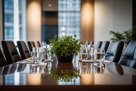 Interior of a conference room with a glass of wine on the tableの素材