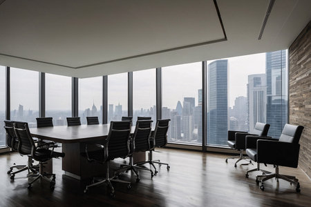 Interior of modern meeting room with panoramic city view, nobody insideの素材