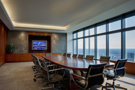 Interior of a modern conference room with panoramic city viewの素材