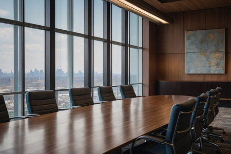 Modern conference room interior with wooden walls, panoramic window and city viewの素材