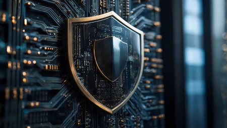 Cyber security concept with shield and integrated circuit in data center.の素材