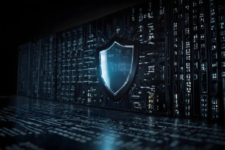 Cyber security concept with shield and binary code. 3D Renderingの素材
