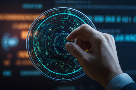 Close up of businessman hand touching virtual button with binary code on backgroundの素材