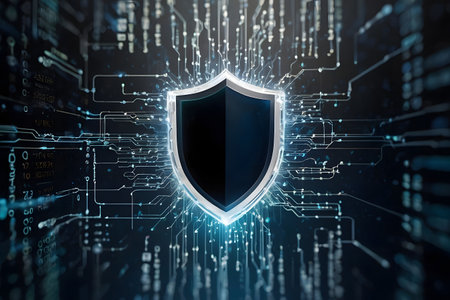 Cyber security concept with shield icon and binary code. 3D Renderingの素材