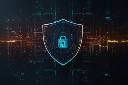 Cyber security concept with shield and padlock. 3D Renderingの素材