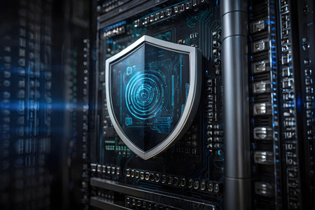 Data protection concept with shield against server room background. 3D Renderingの素材