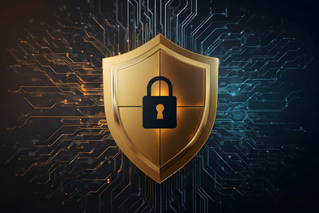 Protection concept. Shield with lock on circuit board background. 3D renderingの素材