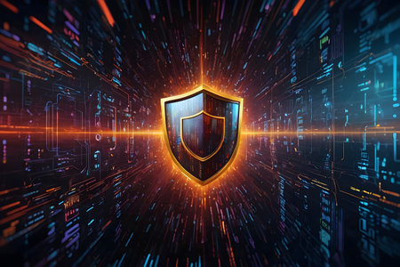 Cyber security concept. Shield on digital background. 3D Renderingの素材