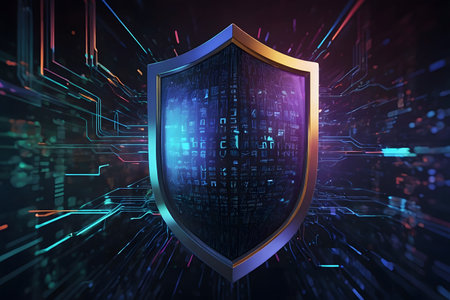 Protection shield on digital background. Cyber security concept. 3D Renderingの素材