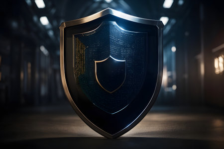 Cyber security concept. Shield glowing in the dark. 3D Renderingの素材