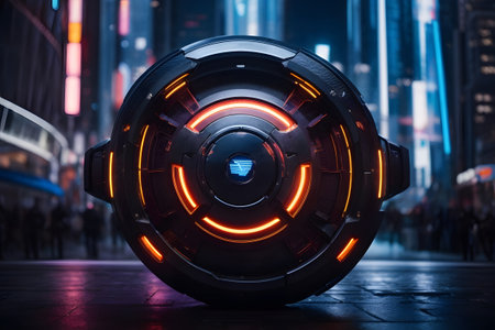 Futuristic cyber globe with neon lights in the city at nightの素材