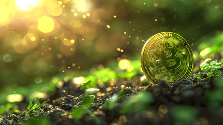 Bitcoin cryptocurrency in the soil with green bokeh background. 3D illustration.の素材