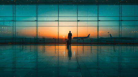 Silhouette of a businesswoman standing in an airport at sunriseの素材