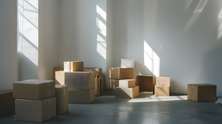 Moving boxes in empty room, 3d rendering. Computer digital drawing.の素材