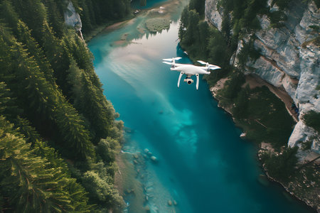Drone flying over the blue lake. Aerial view of drone taking photo of beautiful landscapeの素材
