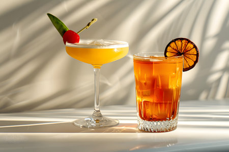 Cocktail with orange, cherry and ice on a white backgroundの素材