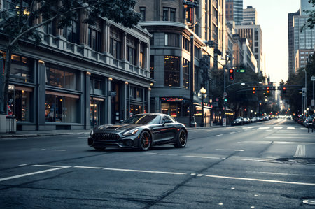 A black sports car driving on the street in downtown Los Angeles, California.の素材