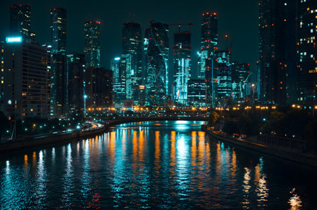 Panoramic view of skyscrapers in Dubai Marina at night, United Arab Emiratesの素材