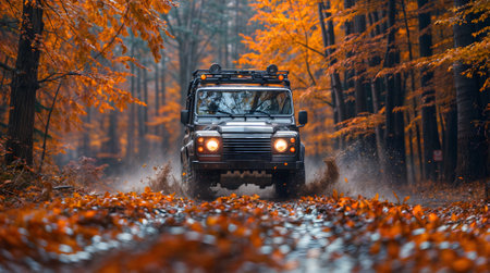 Yellow off-road vehicle rides through the autumn forest on a sunny dayの素材