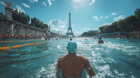 Unidentified people swimming in the Eiffel Tower in Stockholm.の素材