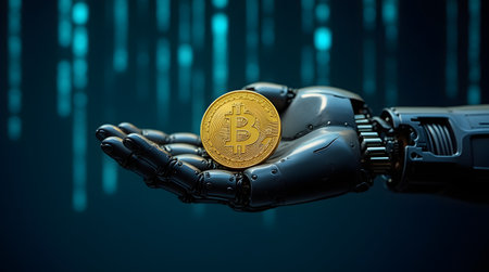 3d rendering robot hand holding golden bitcoin on blue background with binary codeの素材