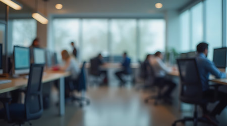 Blurred background of business people working in modern office with computers.の素材