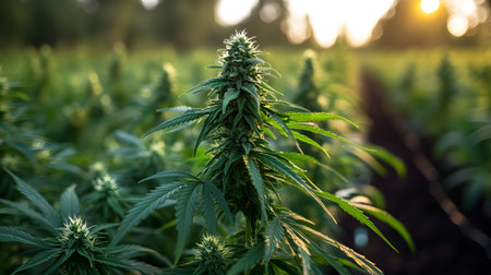 Cannabis plant in the field. Cultivation of medical marijuana.の素材