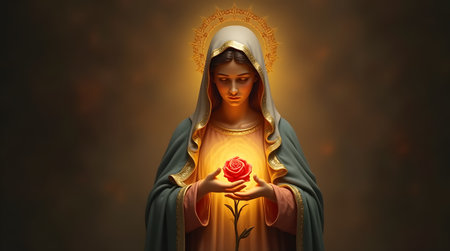 3d rendering of a statue of the Virgin Mary holding a roseの素材