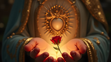 Hands holding a red rose in the shape of a haloの素材