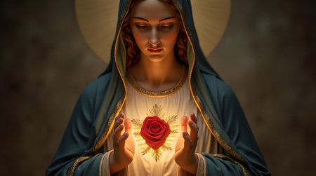 Holy Mary with red rose in her hands. 3D illustration.の素材