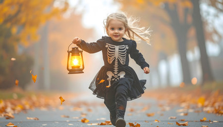 Little girl in halloween costume with a lantern in autumn parkの素材