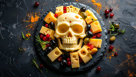 Cheese board with human skull and olives on dark background, top viewの素材