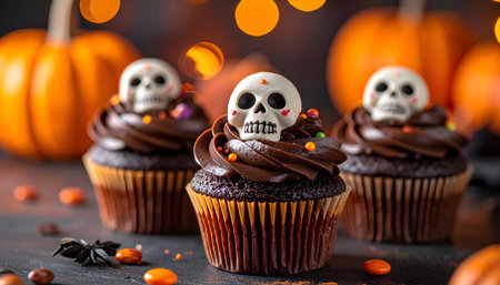 Halloween cupcakes with chocolate frosting, pumpkins and ghost on dark backgroundの素材