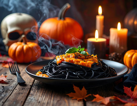 Black spaghetti pasta with pumpkin and spices on dark wooden background. Halloween concept.の素材