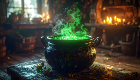 Halloween witch's cauldron with green potion. Witchcraft concept.の素材