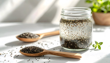 Glass jar with chia seeds and wooden spoons on white tableの素材