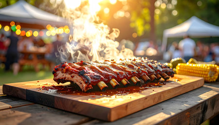 Grilled pork ribs with barbecue sauce on a wooden board on a picnicの素材
