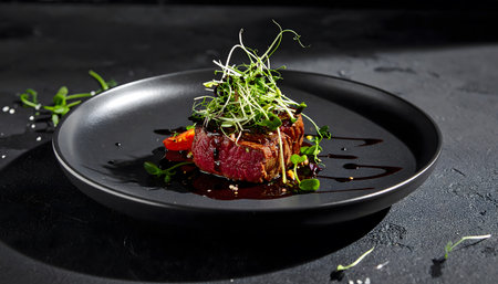 Beef steak with microgreens on a black plate on a black backgroundの素材