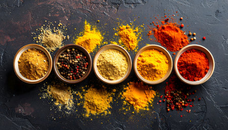 Various spices in bowls on a dark background. Top view, flat layの素材