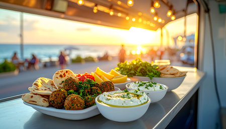 Tasty appetizers on the background of the sea at sunset.の素材