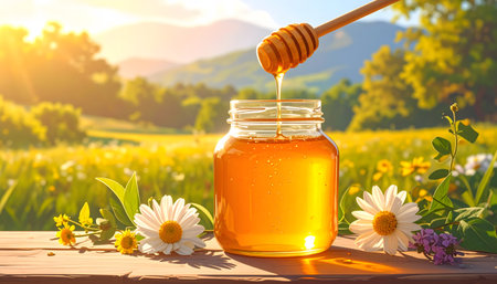Honey dripping from a wooden honey dipper into a glass jar on the background of wild flowers and mountains.の素材