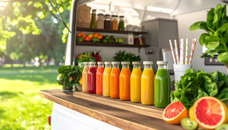Bottles of tasty juices on wooden shelf in cafe, closeupの素材