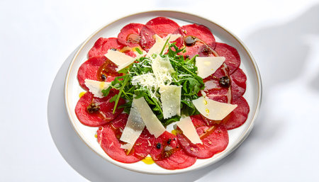 salad with parmesan and arugula on white backgroundの素材