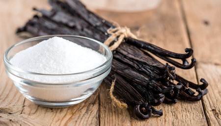 Dried Vanilla Beans (close-up shot) on wooden backgroundの素材